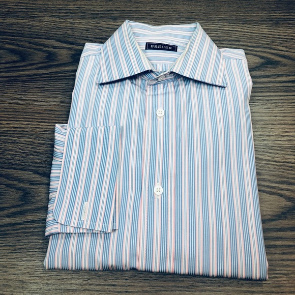 Breuer Blue & Pink Stripe French Cuff Shirt 16 - Picture 1 of 3